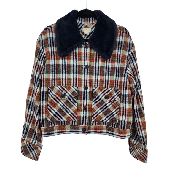 Anthropologie Maeve Retro Plaid Trucker Jacket Faux Fur Collar Size Small - Picture 1 of 6